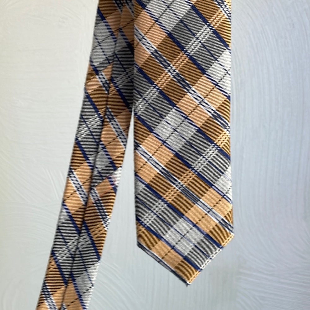 Blue, gold, and gray plaid wool/silk tie (boys’ length)